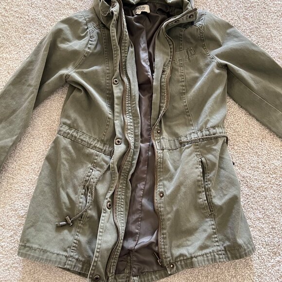 Olive Green Drawstring Utility Hooded Jacket w Button and Zip Closure Y2K Small - Picture 6 of 13